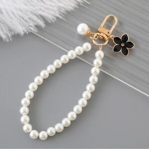 Pearl Beaded Wristlet Keychain / Purse Charm with Black Flower